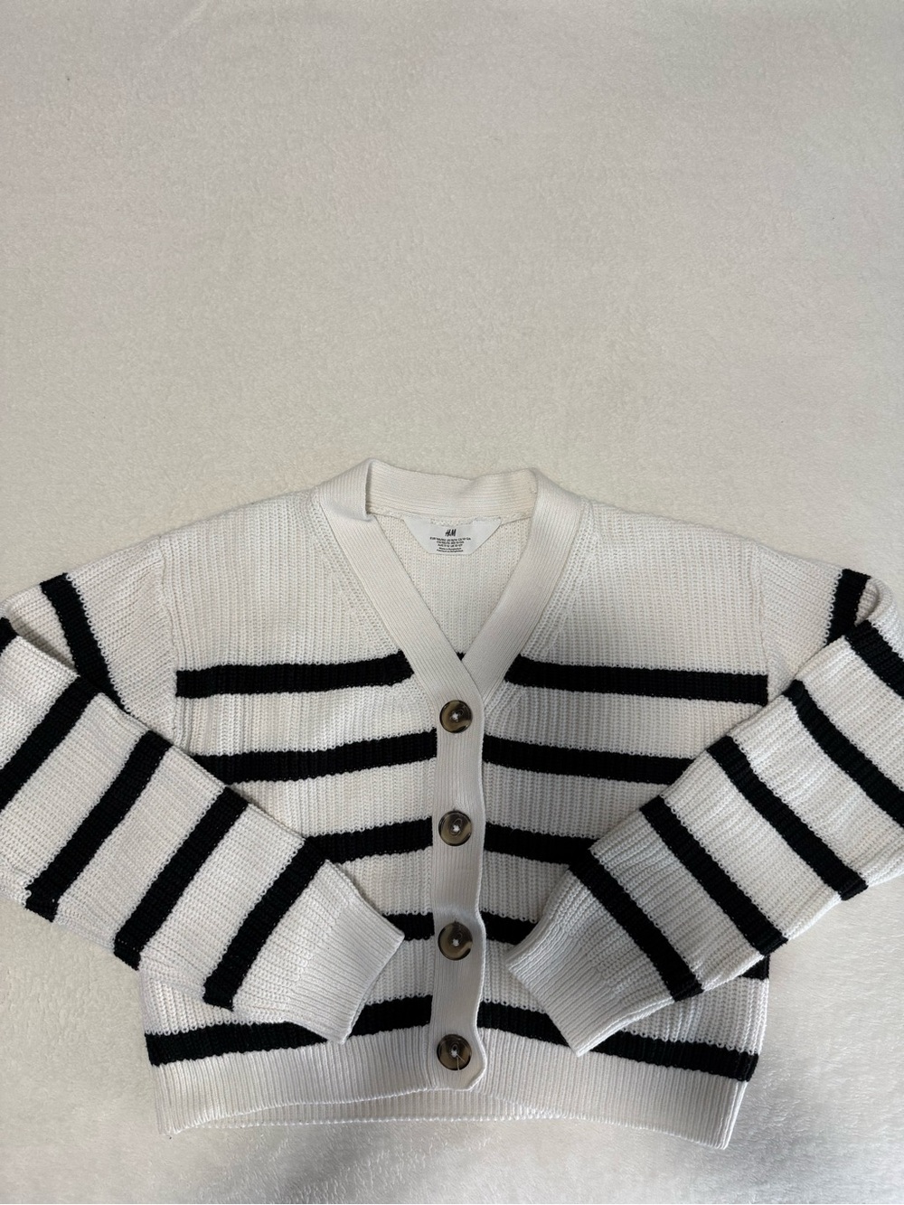 H&M Cream and Black Striped V-Neck Button Cardigan
